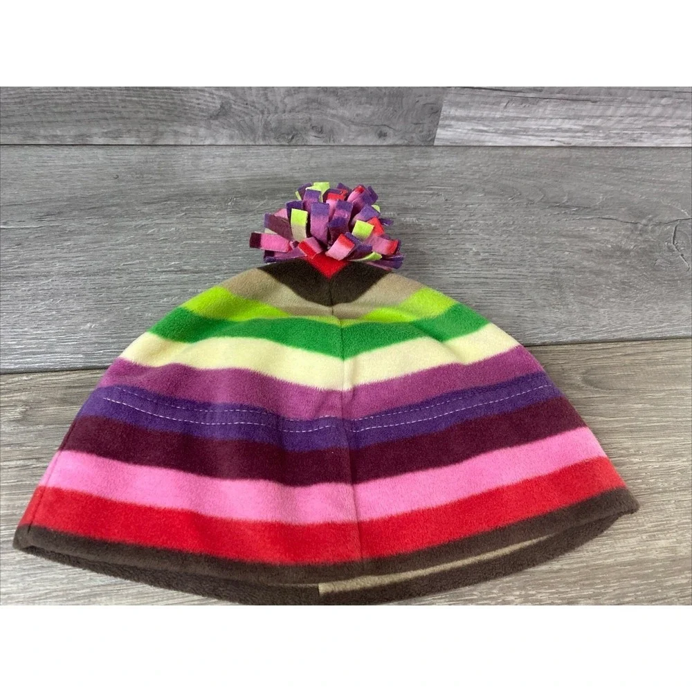 Old Navy‎ Stripe Fleece Beanie Hat OS Multicolor Excellent Pom Pom Winter Logo